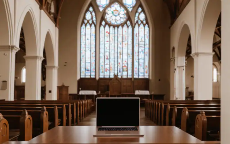 laptop in a church